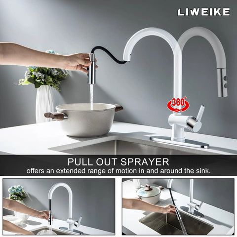 LIWEIKE Utility Sink Faucet White Laundry Sink Faucet with Pull Down Sprayer for 1 or 3 Holes suits a sink with a pull-out sprayer.