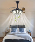 Ceiling Fan with Crystal Lights Retractable Blades 6 Speeds for Living in a bright bedroom with elegant crystal design.