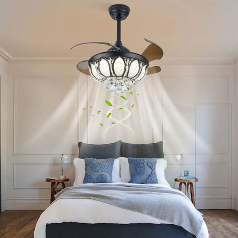 Ceiling Fan with Crystal Lights Retractable Blades 6 Speeds for Living in a bright bedroom with elegant crystal design.
