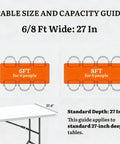 Capacity guide for 6 Foot Folding Table With Carrying Handle, Heavy Duty Steel Frame, showing seating for 6 and 8 people.