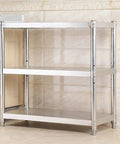 Heavy Duty Stainless Steel Shelving Unit Badass Three Shelf Storage Rack For Kitchen Garage And Commercial Office sleek silver design.