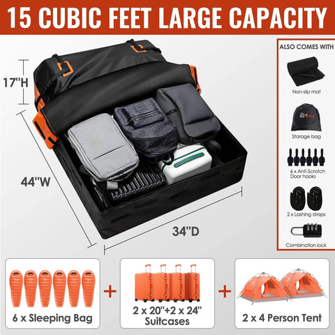 Road Trip Ready Rooftop Cargo Carrier Bag 15 Cubic Feet Waterproof Heavy Duty 840D Car Roof Bag with packed items inside
