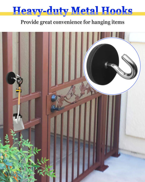 Heavy-duty metal hook attached to decorative iron gate displaying magnetic capabilities for hanging convenience.