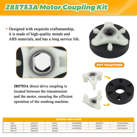 Game Changing Direct Drive Washer Clutch Kit With Motor Coupling And Four 80040 Agitator Dogs Replacement Bundle For Kenmore Whirlpool Washers Fits 285331 285380 3351342 3946794 3946847 3951311 AP3094537 285753A motor coupling kit, ABS and metal