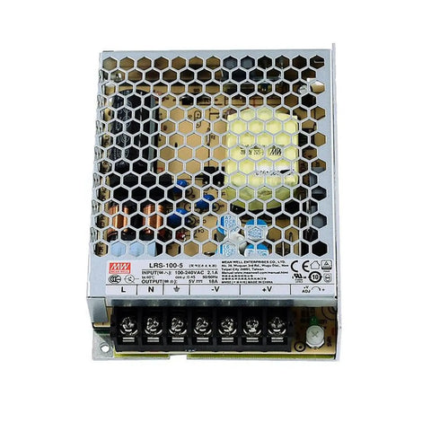 Top Tier 100 Watt Enclosed Power Supply 5V 18A DC With Universal AC Input And UL Approval For LED Lighting and Automation Gear, metal chassis.