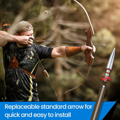 Archer using recurve bow with 12 Pack Archery Field Points 19 64th Inch, 1.77 Inch Length, 8 32 Screw In tips.