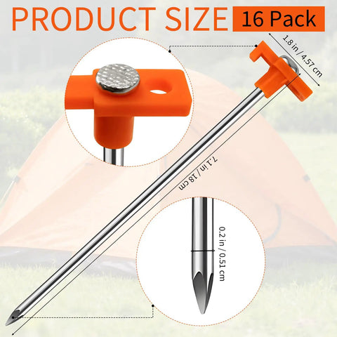 Eight Pack Tent Stakes, Heavy Duty Galvanized Rustproof Ground Anchors For Canopies, 7.1 Inch Durable Camping Pegs In Orange, Ideal For Hiking And Humid Weather. Close-up of orange stake head and pointed tip with size details