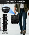 Man carrying Air Mover Blower Fan 2000 CFM, One Third HP Workhorse Carpet Dryer with stackable design, black color