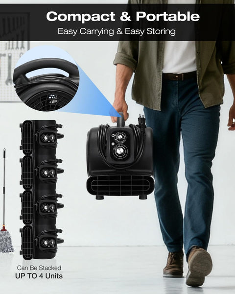 Man carrying Air Mover Blower Fan 2000 CFM, One Third HP Workhorse Carpet Dryer with stackable design, black color