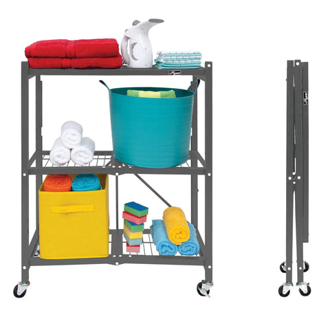 Three Tier Foldable Storage Shelf On Wheels, Heavy Duty Rolling Rack, Pewter Finish, Preassembled Portable Steel Organizer For Garage, Laundry, Shop Or Craft Room, Grab And Go Mobile Storage