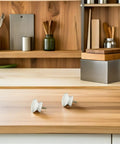 10 Pack Round Wood Cabinet Knobs Single Hole White Drawer Pulls on wooden countertop for rustic kitchen handles.