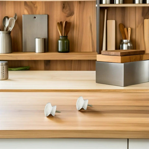 10 Pack Round Wood Cabinet Knobs Single Hole White Drawer Pulls on wooden countertop for rustic kitchen handles.