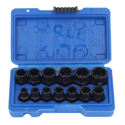 Premium Chrome Molybdenum Impact Nut Bolt Remover Set Extractor Socket Kit 3 8 In Drive For Rusted Damaged Stripped Fasteners Fits Ratchets And Impact Wrenches Made To Crush It. blue case with black extractor sockets