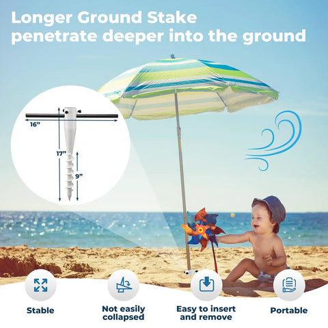 17 Inch Stainless Steel Screw In Ground Stakes With Deep Spiral Anchor securing umbrella on sandy beach next to child.