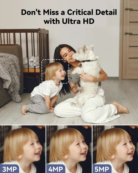 2K WiFi Indoor Security Camera For Pets And Baby With AI Motion And Sound Detection displayed with mother, child, and dog