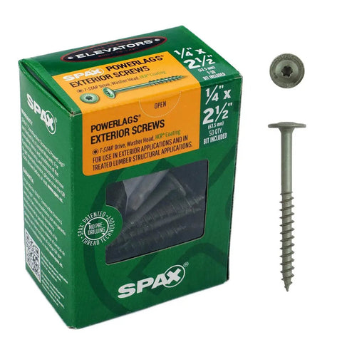 Badass Quarter Inch By Two Point Five Structural Lag Screws Grade 5 Heavy Duty Fasteners With Integrated Washer Head High Corrosion Resistant Coating 50 Piece Pack with box and screw details