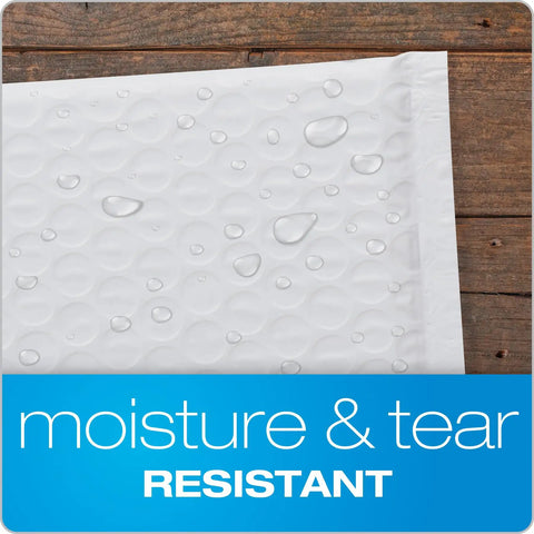Close-up of 6x9 Inch Bubble Mailers Self Seal White Poly Padded Envelopes For Shipping Water Resistant And Air Cushioned Protection Easy Peel Closure 50 Pack For Online Sellers And Home Biz with water droplets showing moisture resistance on wood surface