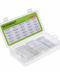 Front view of MOKMMKIT 50-piece 25-value ceramic cement resistor kit with 10W resistors in clear plastic case