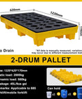 Heavy Duty Chemical Spill Containment Tray With Modular HDPE Pallet Rack, Garage Wall Organizer, Detachable Safety Grating, Rock Solid 8800 Pound Capacity, Straight Up Industrial Floor Guard - 2-drum pallet dimensions and load specifications.