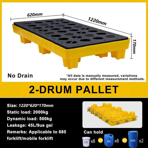 Heavy Duty Chemical Spill Containment Tray With Modular HDPE Pallet Rack, Garage Wall Organizer, Detachable Safety Grating, Rock Solid 8800 Pound Capacity, Straight Up Industrial Floor Guard - 2-drum pallet dimensions and load specifications.