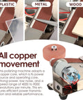 Top Shelf Mini Belt Grinder Sharpening Knife With Powerful Pure Copper Motor And Adjustable Speed Settings From 4000 To 9000 Rmin, showing polishing on plastic, metal, and wood.