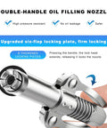 Front close-up of NYTKL double-handle grease gun coupler with six-jaw locking head.