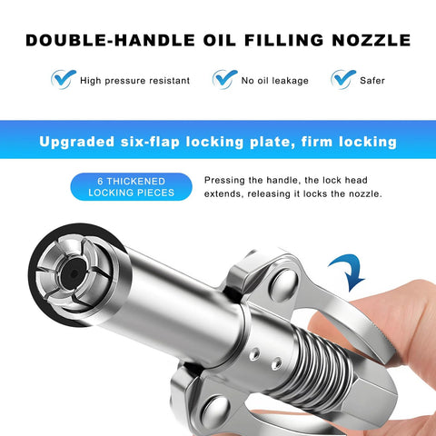 Front close-up of NYTKL double-handle grease gun coupler with six-jaw locking head.