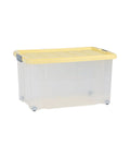 Ready To Roll Plastic Storage Crate With Secure Snap Top Lid For Home Garage Organization Heavy Duty 55 Liter Multi Color Hauling Tote Bin Built To Rock And Roll clear plastic box with yellow lid and wheels