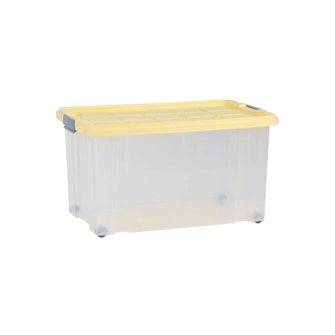 Ready To Roll Plastic Storage Crate With Secure Snap Top Lid For Home Garage Organization Heavy Duty 55 Liter Multi Color Hauling Tote Bin Built To Rock And Roll clear plastic box with yellow lid and wheels