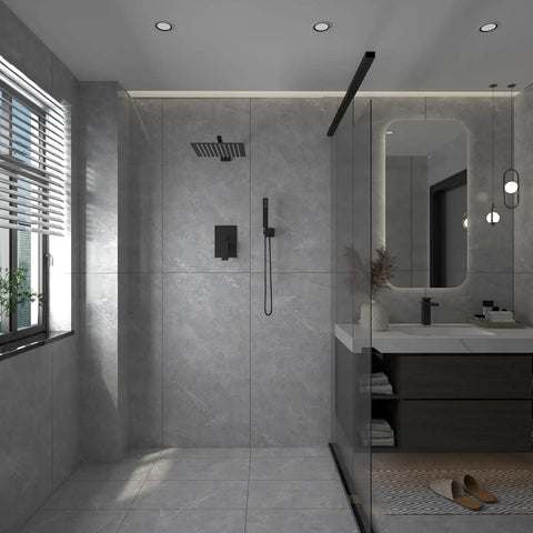 Modern bathroom with Complete Matte Black Shower System With 10 Inch Square Rain Shower Head And Handheld, gray walls.