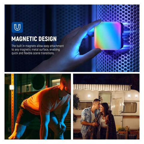 Person attaching Magnetic RGB Camera Light For Video And Photography, 61 LED Full Color, Pro Grade 360 Degree Beam to a metal surface