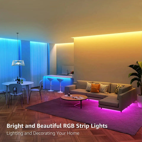 65.6 Foot Ultra Long RGB LED Strip Lights with remote in living room setup showcasing color changing ambiance.