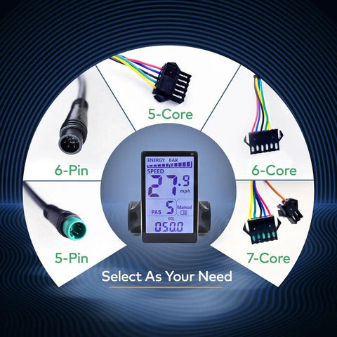 Ebike Display M5 With UART No 2 Protocol For 24V To 60V Systems showing connectors and LCD display with ride data.