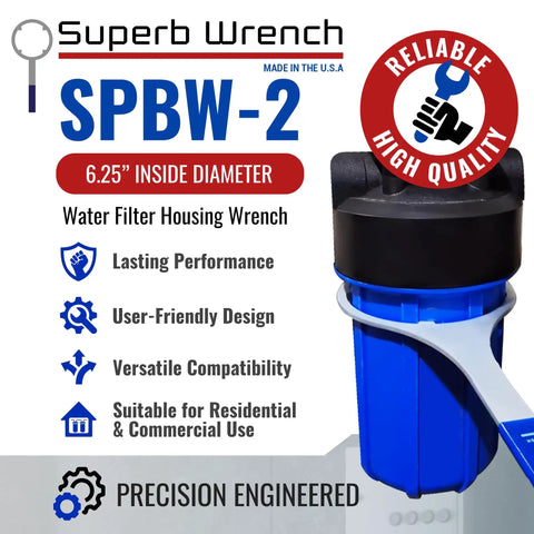 Heavy Duty Metal Water Filter Wrench For Big Blue Housings 6.25 Inch Inside Diameter Built Tough With Non Slip Grip For Pro Techs