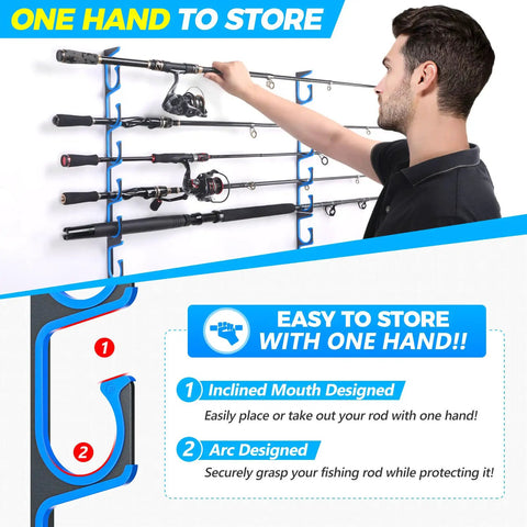 Man using H5 Horizontal Fishing Rod And Pole Holder For Garage, Wall Or Ceiling Mounts, Aviation Aluminum Rod Organizer Holds Up To 10 Rods Or Combos