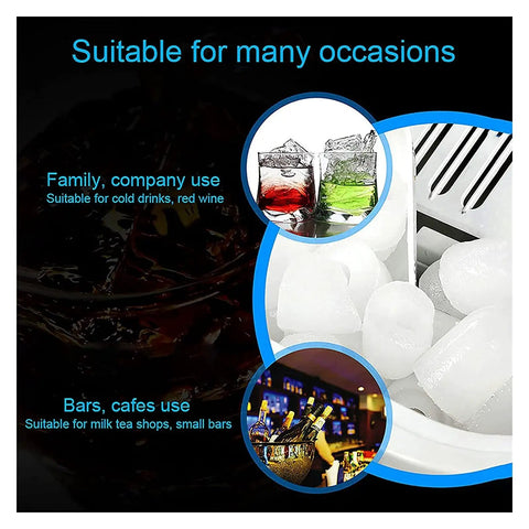 Slick Stainless Steel Electric Ice Maker Machine With Auto Self Cleaning Function produces ice cubes for family and bar use.
