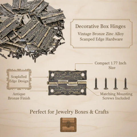 1.5 Inch Decorative Bronze Zinc Alloy Hinges For Small Jewelry Boxes And Craft Chests With Scalloped Edge Design, 20 Pack With Screws