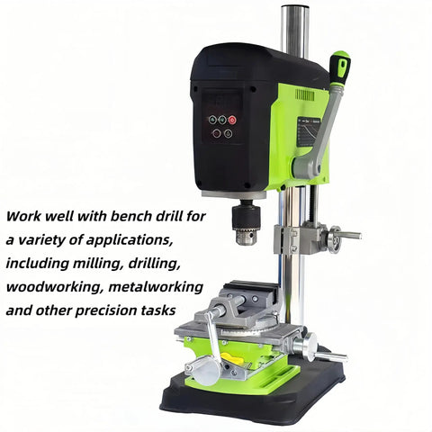 Cross Slide Drill Press Vise With 2 Way X Y Travel Benchtop Clamp on a bench drill, 90 Degree Rotary Table, precise drilling setup