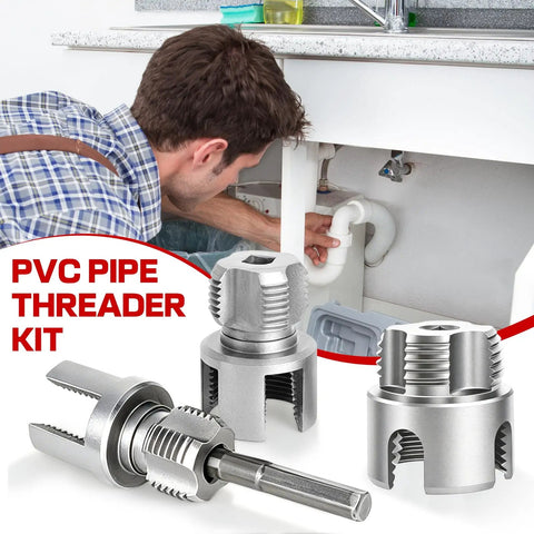Heavy Duty PVC Pipe Threader Kit With Tapping Tool For 1/2, 3/4 And 1 Inch Pipes displayed with a user working on plumbing.