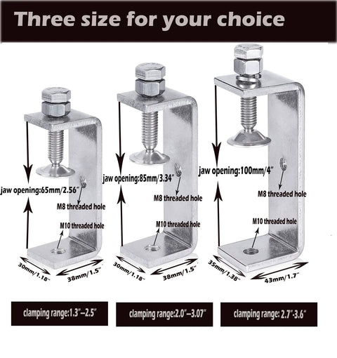 Three 304 stainless steel C-clamps with wide jaw openings for woodworking (65mm, 85mm, 100mm).