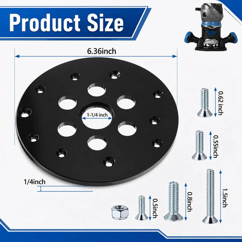 Rock Solid Universal Router Plate featuring a precise 1-1/4 inch center opening, black plastic, 6.36 inch diameter for woodworking.