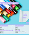 Colorful HTV rolls with labels, including white heat transfer vinyl roll 12 inch by 20 feet for shirts and projects easy cut weed HTV