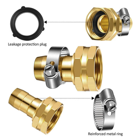 3 Piece Aluminum Female Thread Shank Hose Menders Kit With Aluminum Clamps And Copper Fittings For 5 By 8 And 3 By 4 Inch Standard Garden Hoses, Heavy Duty Leakproof Repair Set For Hoses And Attachments, shown disassembled with leakage protection plug and reinforced metal ring.
