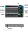 Front and back panel of 12 Channel Digital USB Bluetooth Audio Mixer With MP3 Player, 48V Phantom Power, Built In Reverb, 256 Effects