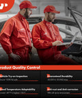 Technicians inspecting vehicle for front door lock actuator quality control