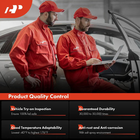 Technicians inspecting vehicle for front door lock actuator quality control