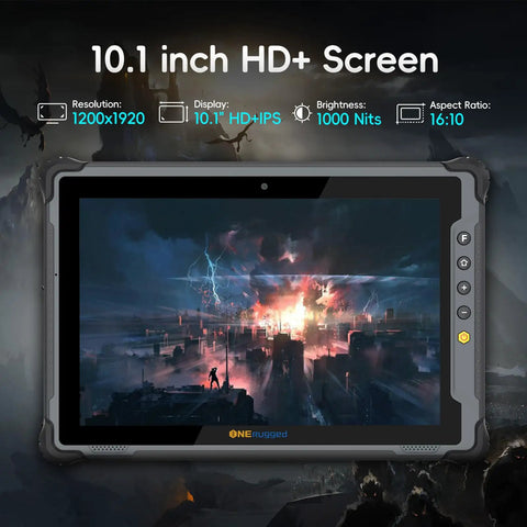 Heavy Duty 10.1 Inch Windows 11 Pro Rugged Tablet With 8GB Ram And 128GB Storage, Military Grade IP65 Waterproof Build, Intel Celeron N5100 Chipset, 4G LTE Field Workhorse, Built To Eat Dirt And Keep Running, Pure Badass Job Site Companion showcasing a 10.1 inch HD+ screen with 1000 nits brightness.