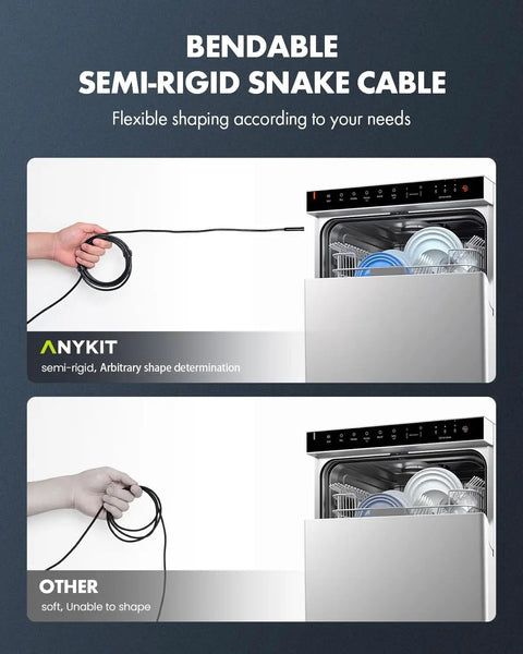 Type C Endoscope Camera With Light 1080P HD Borescope 8 Adjustable LED Lights Semi Rigid 16.5ft Cable IP67 Waterproof Inspection Camera For Phone And Tablet Easy Home Use Snake Cam For Tight Spaces shown with bendable semi-rigid snake cable flexibility comparison, demonstrating ease of shaping around dishwasher.