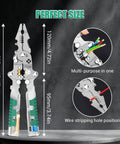 18 In 1 Foldable Wire Stripper And Multi Tool Pliers For Electricians, showing dimensions, green and silver, on dark background.