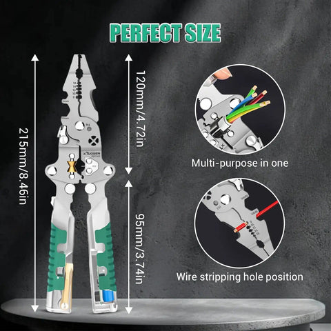 18 In 1 Foldable Wire Stripper And Multi Tool Pliers For Electricians, showing dimensions, green and silver, on dark background.